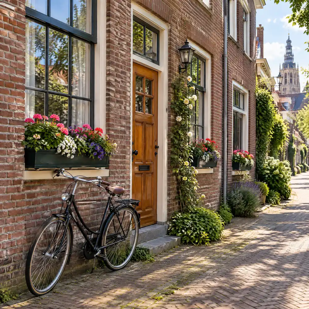 Fiets voor een rijtjeshuis met bloembakken in Breda