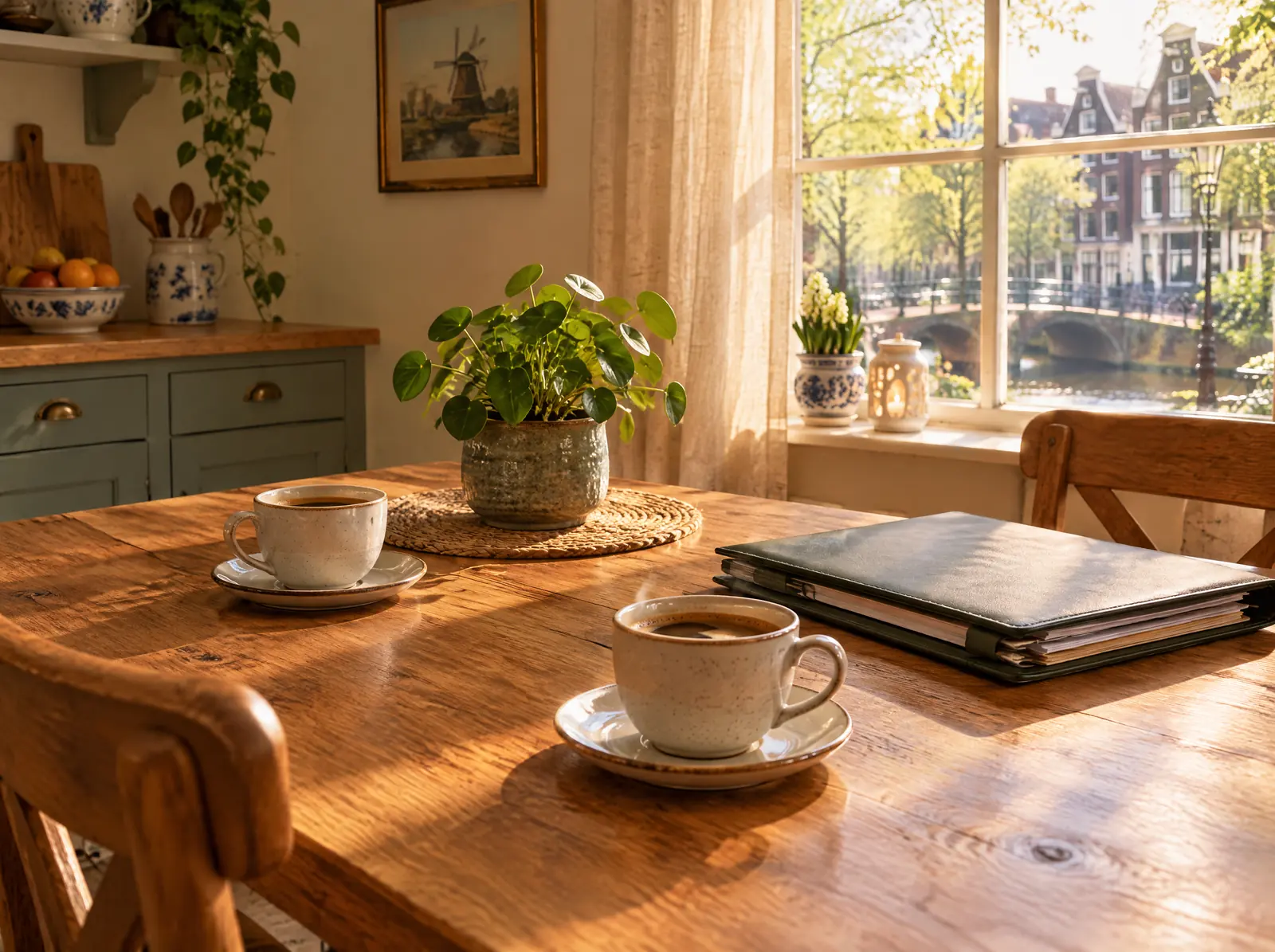 Warme keukentafel met twee koppen koffie en een geordende map